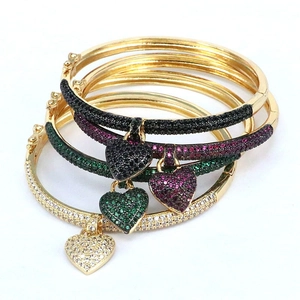 Adjustable gold plated open bangles with micro-pave zircon heart charms in four colors