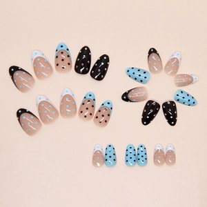 Blue and brown polka dot French oval press on nails with 24 pieces set for daily wear