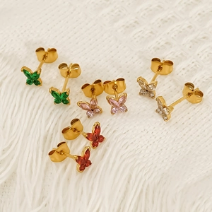 Golden butterfly stud earrings set with colorful zircon crystals in 4 vibrant colors