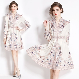 Abito Lungo In Chiffon Con Stampa Paisley Manica Lunga Scollo A V Monopetto Vita Sfiancata Elegante Bohemien Donna
