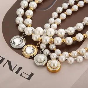 Women Stainless Steel Imitation Artificial Pearl Necklace French Style Round Crystal Pendant Clavicle Chain Elegant Jewelry