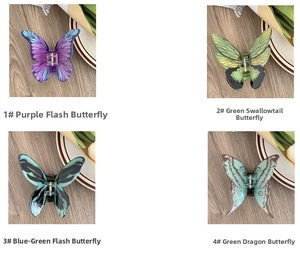 Detailed close-up of butterfly hair claws in four different color patterns and textures