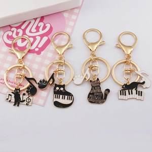 Music Cat Piano Keyboard Keychain Gold Alloy Enamel Musical Note Bag Pendant Gift For Teachers Friends