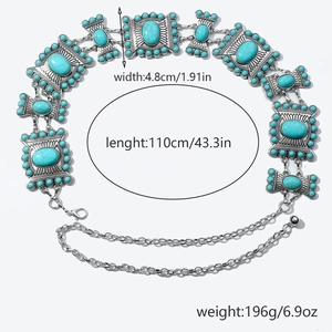 Detail view of zinc alloy waist chain with turquoise stones and size measurements