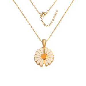 Minimalist gold titanium steel necklace with white enamel daisy pendant on white background