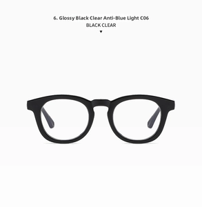 Detail of round black glasses frame with anti-blue light clear lenses, model C06