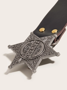 Detailed close-up of a black leather belt featuring a gold sheriff star buckle and rivets