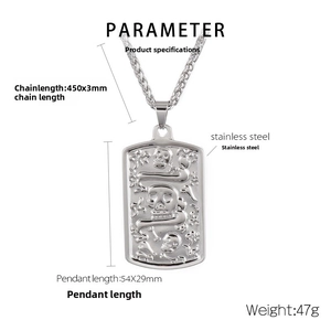Detailed view of punk rectangular skull pendant and chain with dimensions 54x29mm