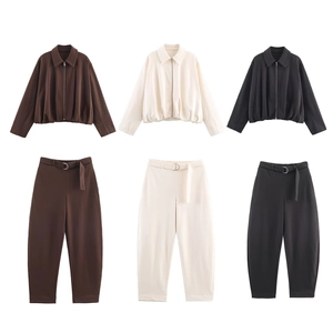 Veste De Loisirs Et Pantalon À Ceinture Pour Femmes Couleur Unie Manches Longues Zip Crop Streetwear Décontracté