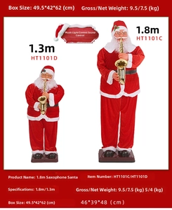 Detail of singing and dancing Santa Claus figurines with saxophone in two height sizes