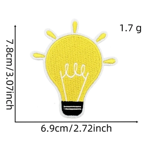 Detail of yellow light bulb embroidered patch with dimensions 7.8x6.9cm and 1.7g weight