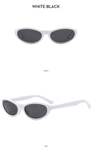 Front and side views of vintage small cat eye sunglasses in white frames and black lenses