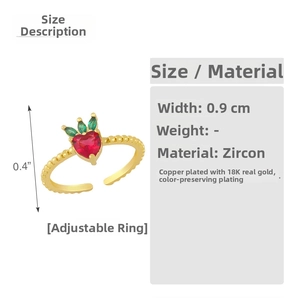 Size chart for 18K gold plated copper fruit ring featuring red and green zircon details