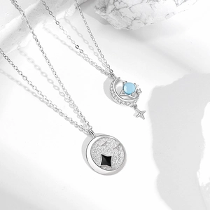 925 sterling silver star and moon necklace set with blue gemstone and round celestial pendant