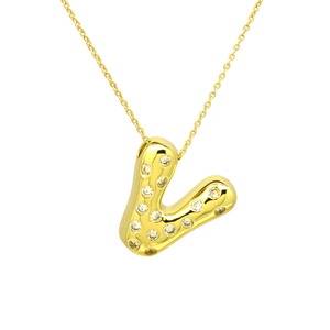 Detail shot of a gold-plated balloon letter V pendant necklace with sparkling zircons
