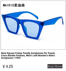 Detail view of model 17047 square oversized blue translucent sunglasses in retro style