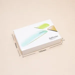 Detailed packaging view showing compact SUN mini nail lamp box with dimensions 135mm x 90mm