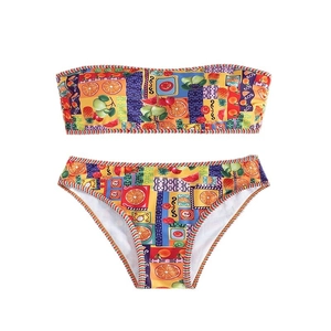 Bandeau-Bikini-Set mit tropischem Fruchtprint und hoher Taille für Strandurlaub