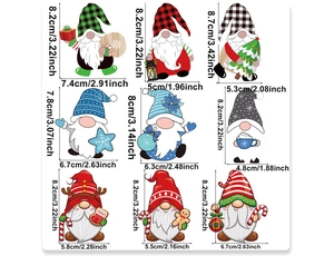 Detailed 3x3 layout of 9 Christmas gnome wooden ornaments with precise size measurements