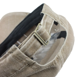 Adjustable khaki washed cotton military cap featuring a vintage bronze metal buckle and strap