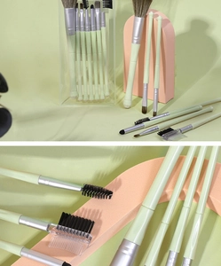 Detail of 7-piece matcha green makeup brush set with soft fiber bristles and aluminum ferrules