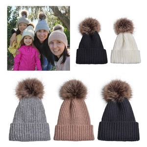 Berretto Beanie Invernale Genitore Figlio Maglia A Coste Caldo Esterno Tinta Unita Acrilico Con Pompon In Pelliccia Sintetica