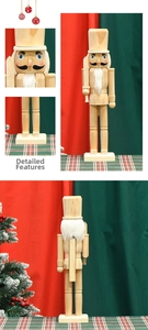 Detail view of unpainted wooden nutcracker soldier with natural wood grain and textures