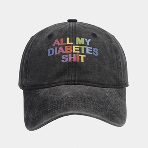 Front view of washed cotton baseball cap featuring colorful All My Diabetes Shit text