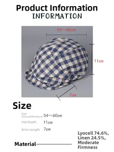 Size guide for blue plaid linen beret showing 54-60cm circumference and material specs
