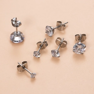 Classic stainless steel stud earrings with round cubic zirconia in varied sizes from 3 to 8mm