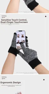 Detail showing sensitive dual-finger touch screen function on grey knitted winter gloves