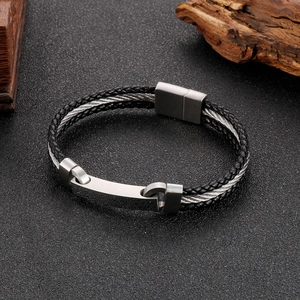 Men's double-layer braided leather bracelet with stainless steel accents and magnetic clasp