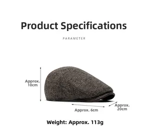 Detail of grey tweed flat cap with dark brown leather brim and winter lining texture