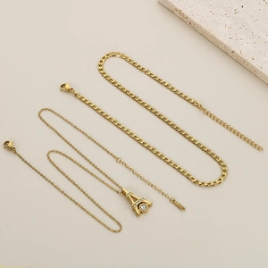 Gold-plated stainless steel jewelry set with Cuban chains and Eiffel Tower diamond pendant