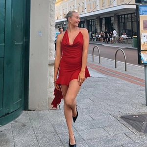 Sexy red sleeveless bodycon dress with a cowl neck and open back design for women