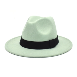 Detail view of the mint green wool felt fedora featuring a contrast black ribbon band
