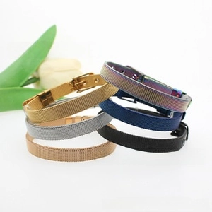 Close-up of Milanese stainless steel mesh bands in six colors with buckle closure