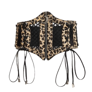 Wide leopard print waist corset with black mesh panels and crescent moon zipper charm