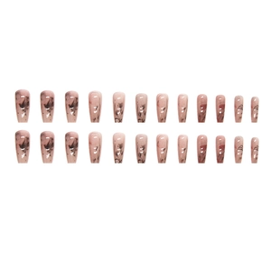 Gradient marble ink press-on nails with rose pattern design in long trapezoid shape
