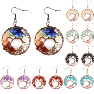 Tree Of Life Dangle Earrings Natural Crystal Stone Chips Handmade Copper Wire Wrapped Round Bohemian Ethnic Jewelry For Women