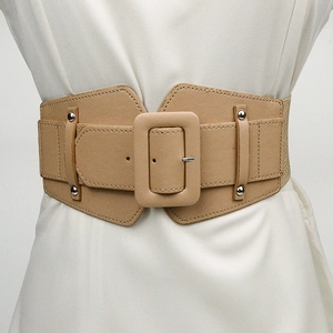 Ceinture large élastique kaki pour femme avec boucle carrée et rivets décoratifs