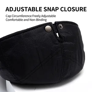 Black winter newsboy hat with an adjustable metal buckle for custom head circumference fit