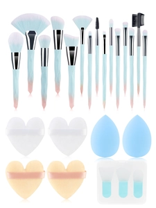 Comprehensive 15-piece makeup brush set with blenders, puffs and silicone face mask brushes