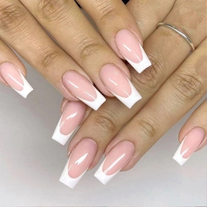 Uñas Postizas Press-On Punta Francesa Forma Ataúd Largo Rosa Degradado Blanco Minimalista Brillante Mujer Uso Diario