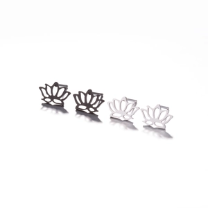 Minimalist lotus-shaped stainless steel stud earrings in black and silver finishes