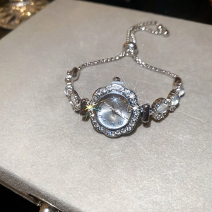 Macro shot of silver crystal bezel quartz watch with adjustable slider chain strap