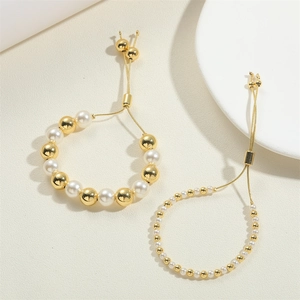 Polished 14K gold plated beaded bracelets with pearls and adjustable sliding clasp