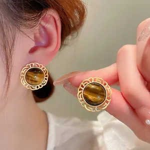 Retro round geometric stud earrings with tiger eye stone and golden lace edges