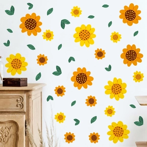 Adhesive sunflower wall decals with yellow daisy flowers and green leaves for home decor