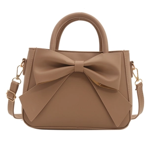 Elegant brown bow-knot top handle square handbag in PU leather with adjustable strap